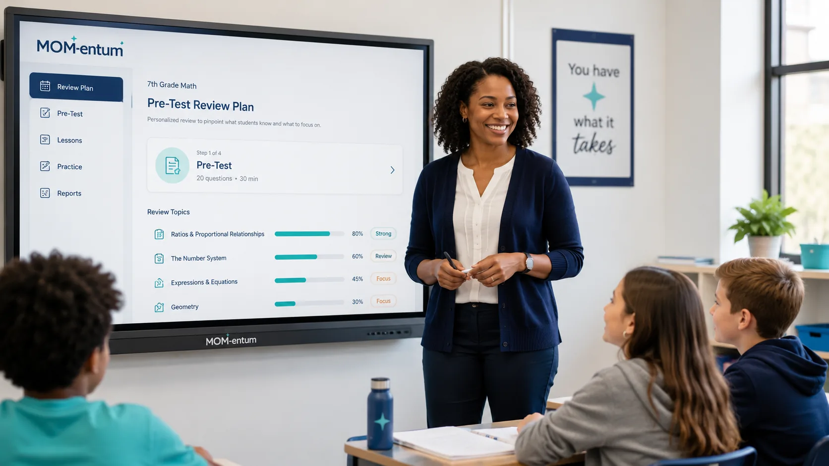 Teacher supporting students in a modern classroom with a smart board